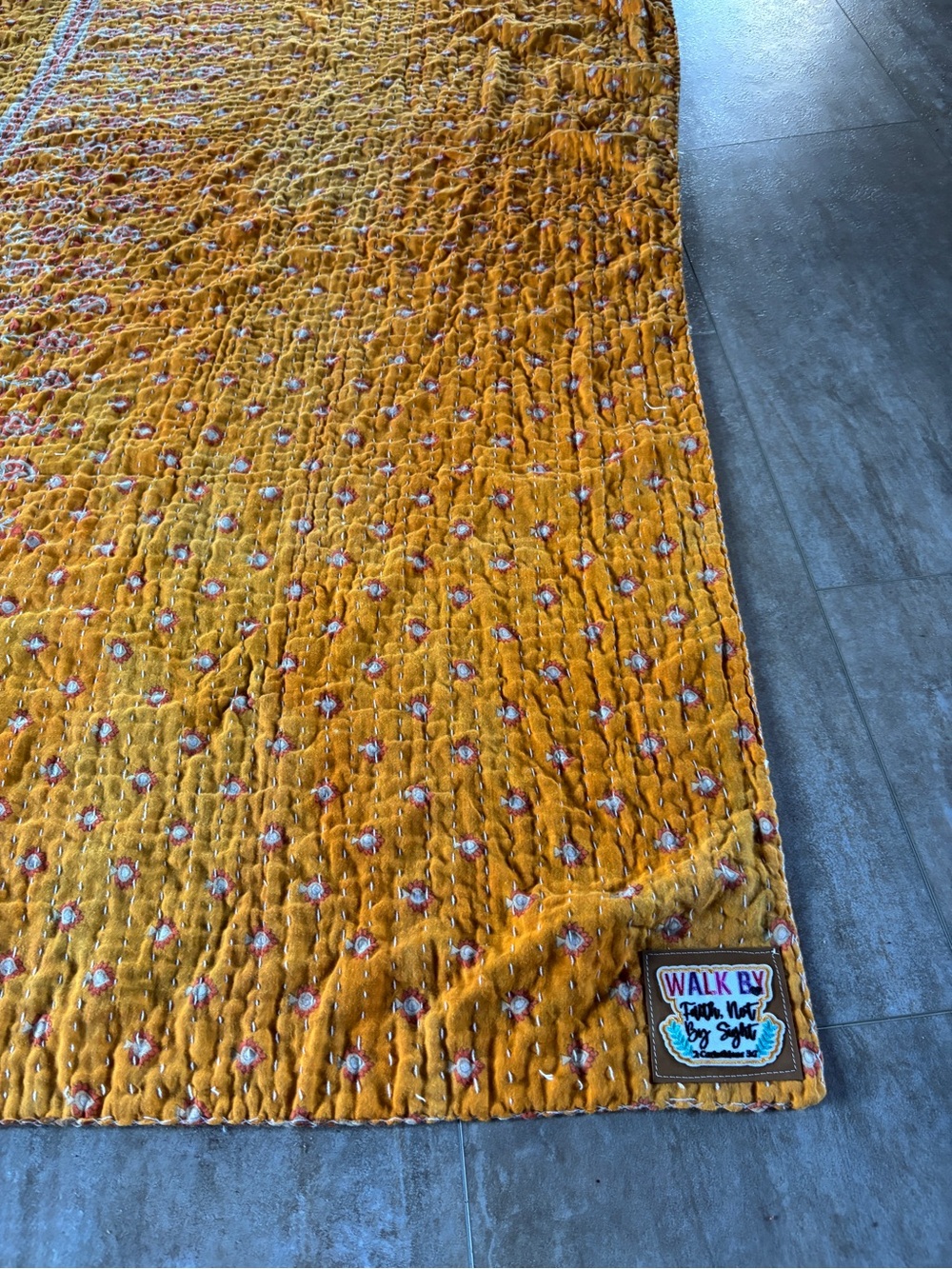 Walk By Mustard Yellow Quilted Kantha Throw with Star Motif